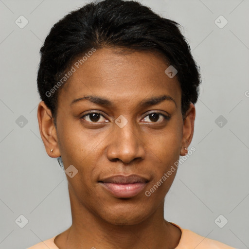 Joyful black young-adult female with short  black hair and brown eyes