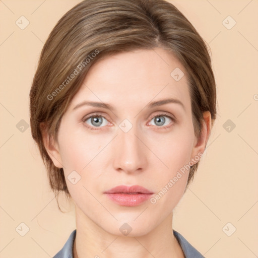 Neutral white young-adult female with medium  brown hair and grey eyes