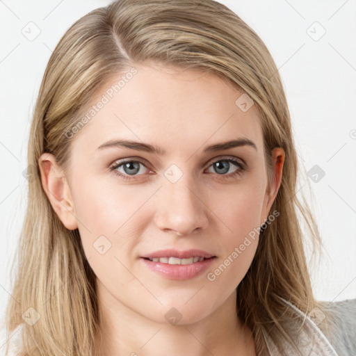 Joyful white young-adult female with long  brown hair and blue eyes