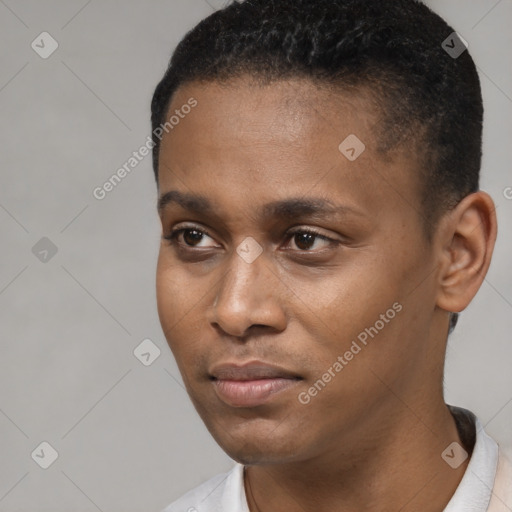 Neutral black young-adult male with short  black hair and brown eyes