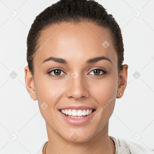 Joyful white young-adult female with short  brown hair and brown eyes