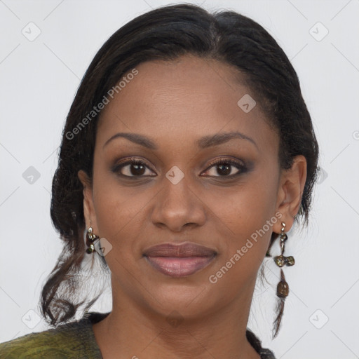 Joyful black young-adult female with medium  brown hair and brown eyes