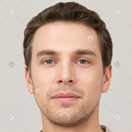 Neutral white young-adult male with short  brown hair and brown eyes