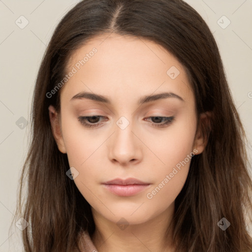 Neutral white young-adult female with long  brown hair and brown eyes