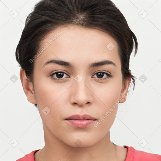 Neutral white young-adult female with short  brown hair and brown eyes