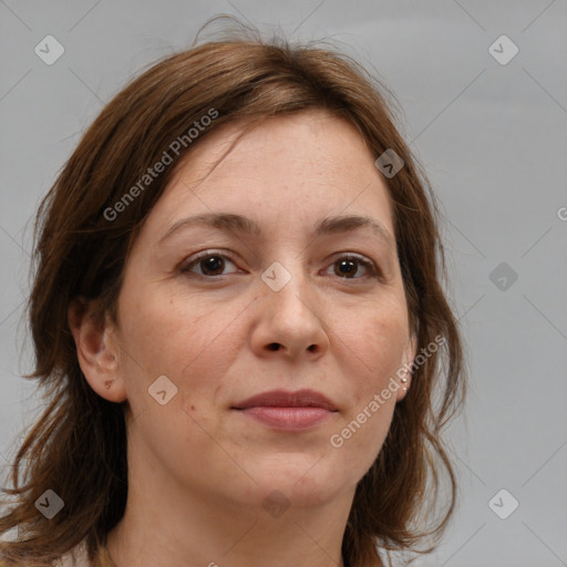 Neutral white young-adult female with medium  brown hair and brown eyes