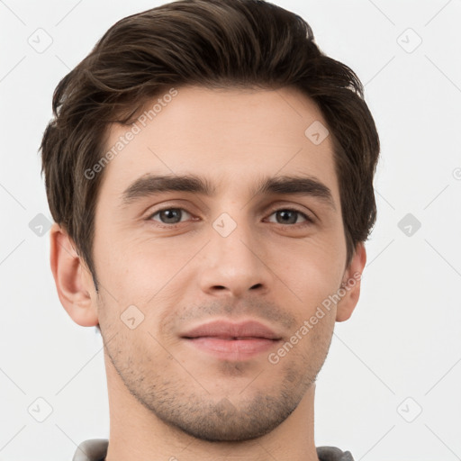 Neutral white young-adult male with short  brown hair and brown eyes