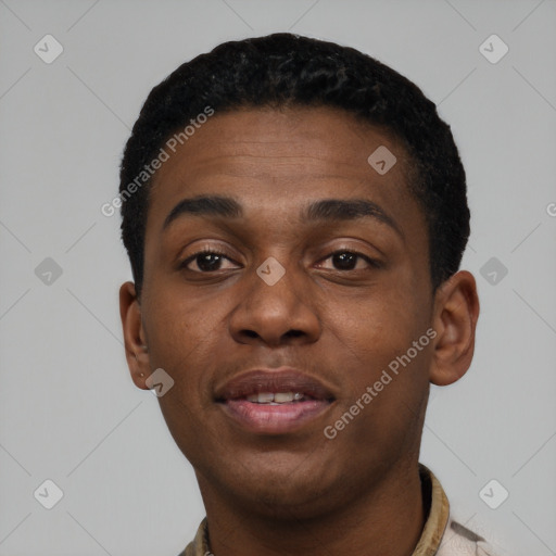 Neutral black young-adult male with short  black hair and brown eyes