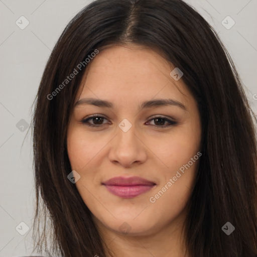 Joyful asian young-adult female with long  brown hair and brown eyes