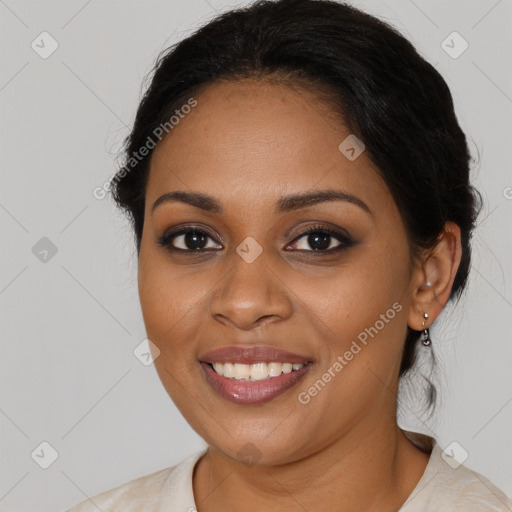 Joyful black young-adult female with medium  brown hair and brown eyes