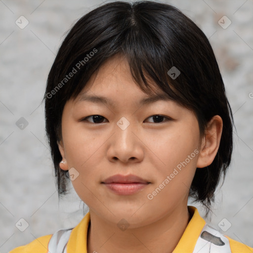 Neutral asian young-adult female with medium  brown hair and brown eyes