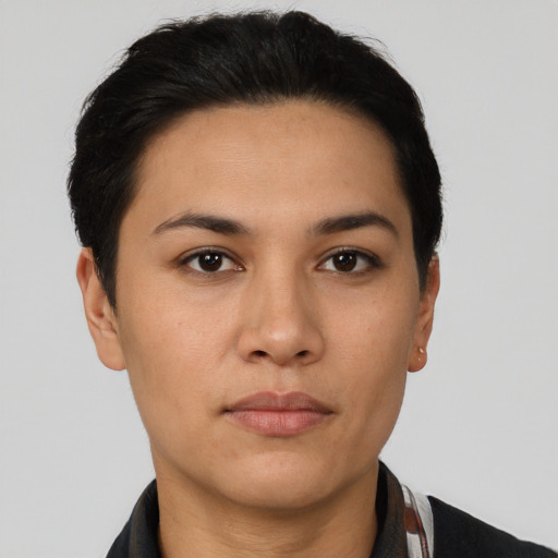 Neutral asian young-adult female with short  brown hair and brown eyes