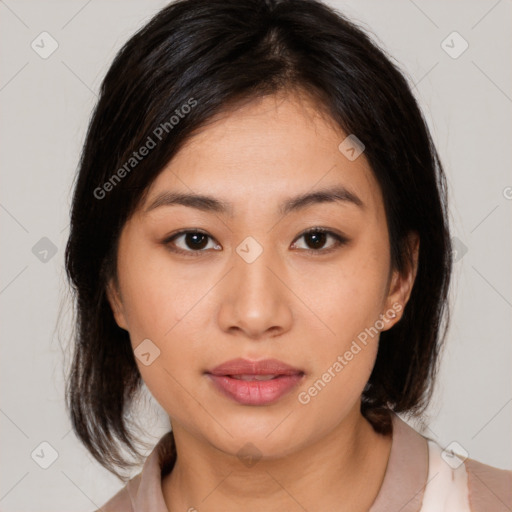 Neutral asian young-adult female with medium  brown hair and brown eyes