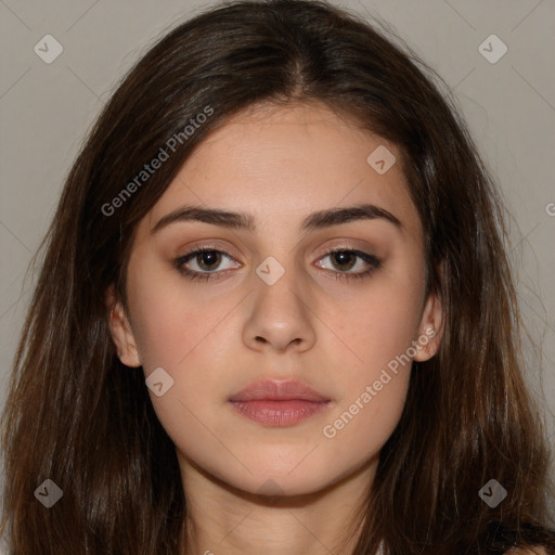 Neutral white young-adult female with long  brown hair and brown eyes