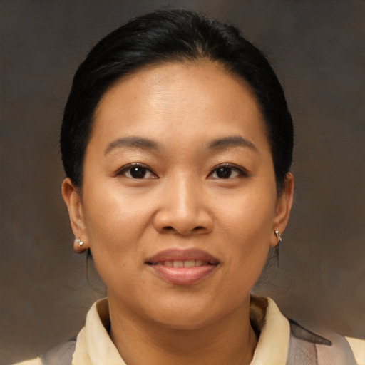 Joyful asian adult female with short  brown hair and brown eyes