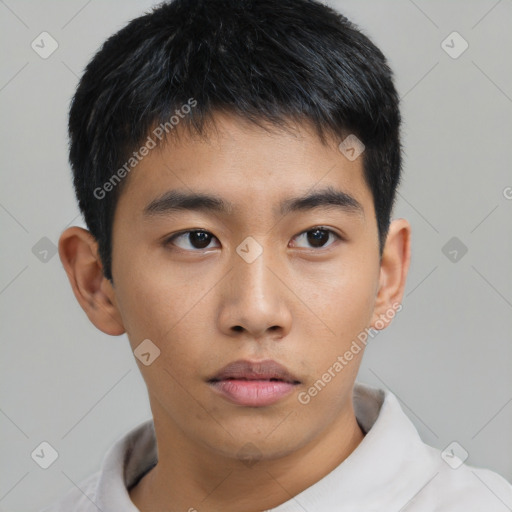 Neutral asian young-adult male with short  brown hair and brown eyes