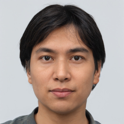 Neutral asian young-adult male with short  black hair and brown eyes