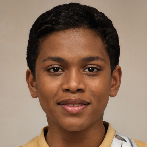 Joyful latino young-adult female with short  black hair and brown eyes
