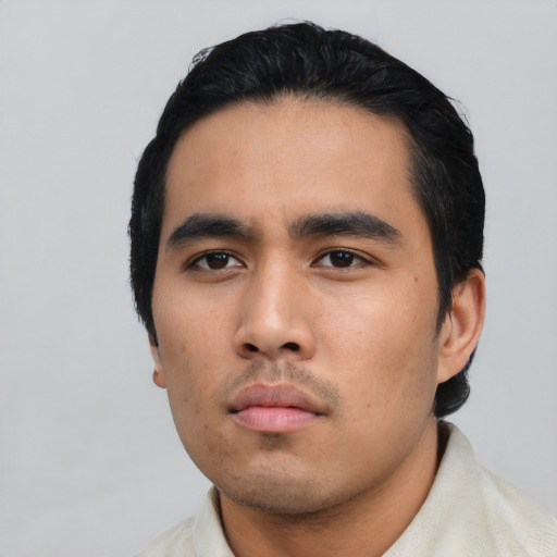 Neutral asian young-adult male with short  black hair and brown eyes