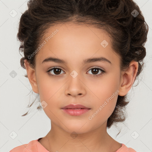 Joyful white child female with medium  brown hair and brown eyes