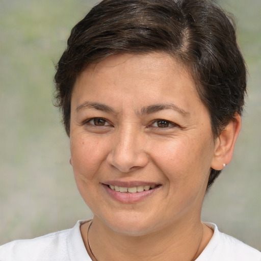 Joyful white adult female with short  brown hair and brown eyes