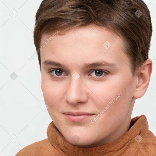 Joyful white young-adult female with short  brown hair and grey eyes