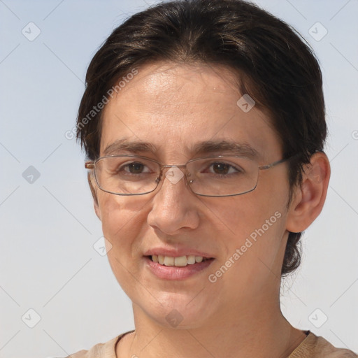 Joyful white adult female with short  brown hair and brown eyes