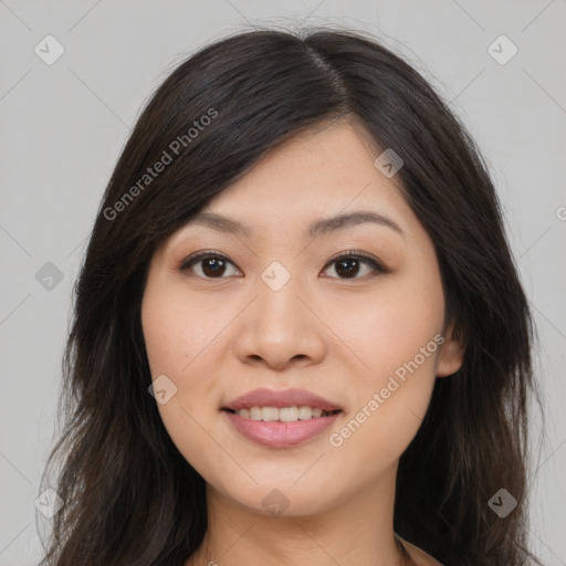 Joyful asian young-adult female with long  brown hair and brown eyes