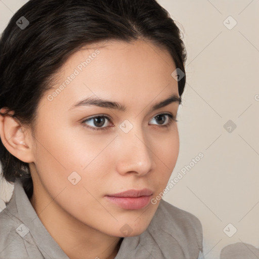 Neutral white young-adult female with medium  brown hair and brown eyes