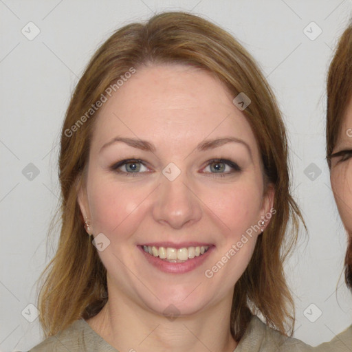 Joyful white young-adult female with medium  brown hair and green eyes