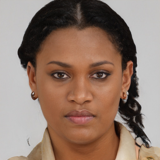 Joyful black young-adult female with medium  brown hair and brown eyes