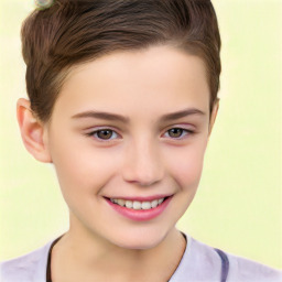 Joyful white child female with short  brown hair and brown eyes