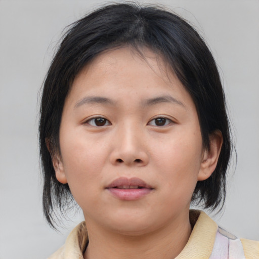 Neutral asian young-adult female with medium  brown hair and brown eyes