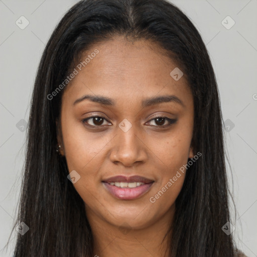 Joyful asian young-adult female with long  brown hair and brown eyes