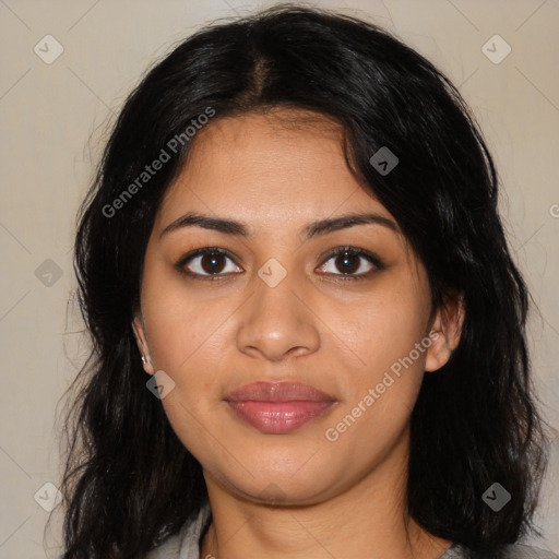 Joyful latino young-adult female with medium  black hair and brown eyes