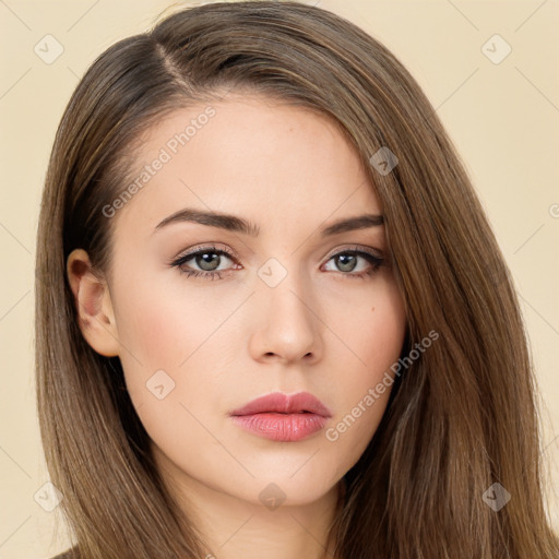 Neutral white young-adult female with long  brown hair and brown eyes