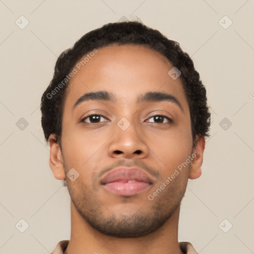 Neutral latino young-adult male with short  brown hair and brown eyes