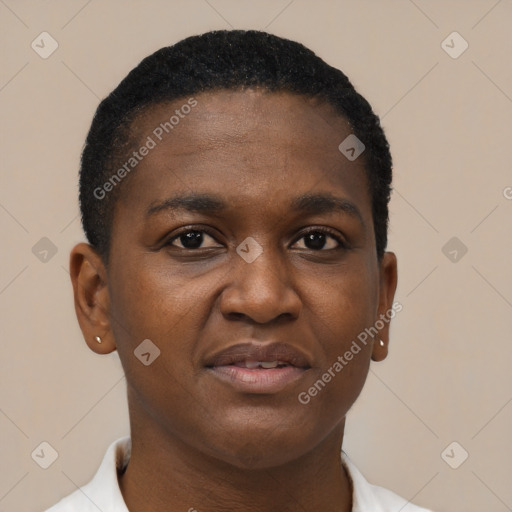 Joyful black young-adult female with short  brown hair and brown eyes