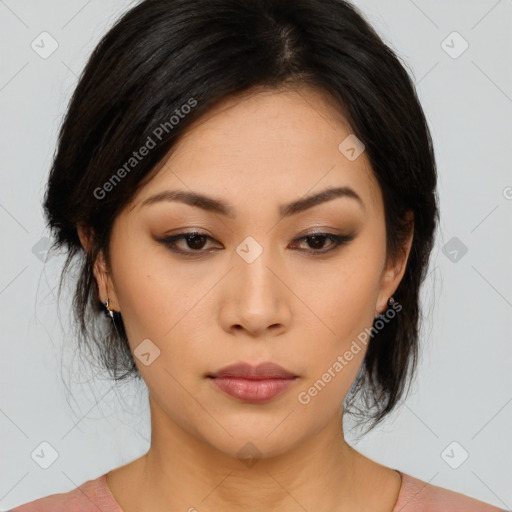 Neutral asian young-adult female with medium  black hair and brown eyes