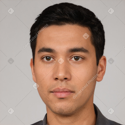 Neutral asian young-adult male with short  black hair and brown eyes