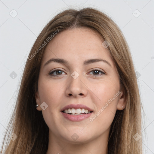 Joyful white young-adult female with long  brown hair and grey eyes