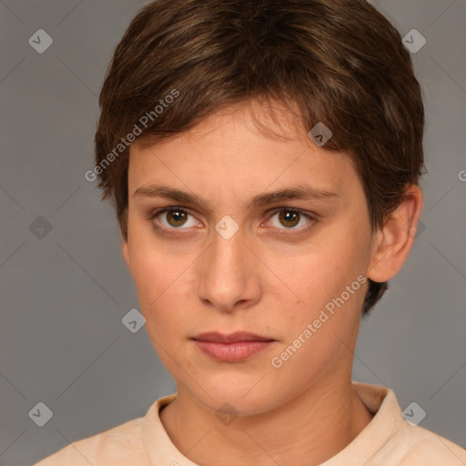 Neutral white young-adult female with short  brown hair and brown eyes