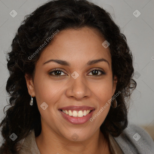 Joyful latino young-adult female with long  brown hair and brown eyes