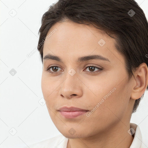 Neutral white young-adult female with short  brown hair and brown eyes