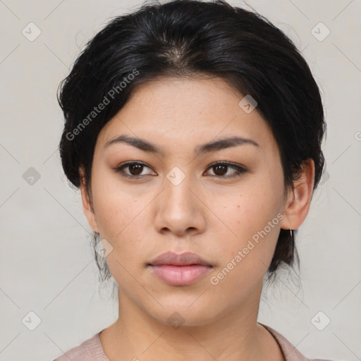 Neutral asian young-adult female with medium  black hair and brown eyes