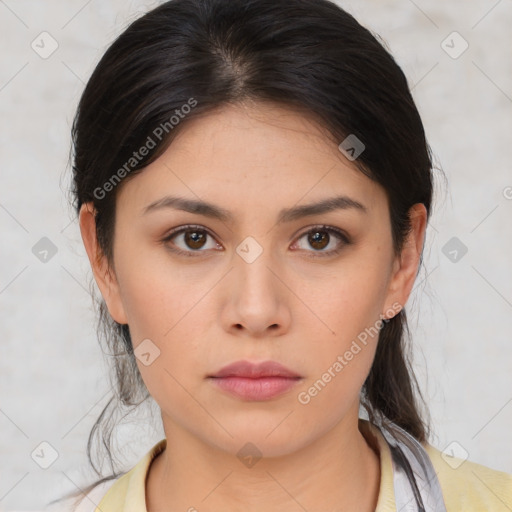 Neutral asian young-adult female with medium  brown hair and brown eyes