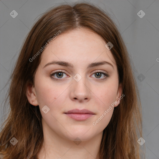 Neutral white young-adult female with long  brown hair and brown eyes