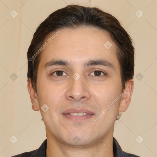 Joyful white young-adult male with short  brown hair and brown eyes