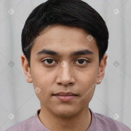 Neutral asian young-adult male with short  black hair and brown eyes