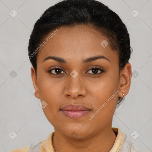 Joyful latino young-adult female with short  brown hair and brown eyes